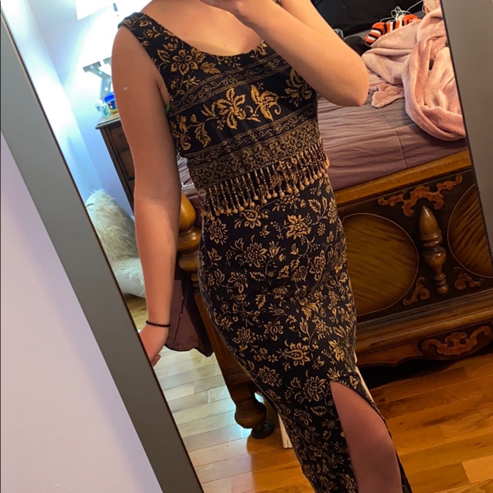 Brown design dress with beaded accents